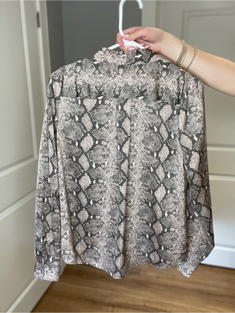 Stella & Dot Taupe and Brown Snake-Print Tie-Neck Blouse - Picture 3 of 16